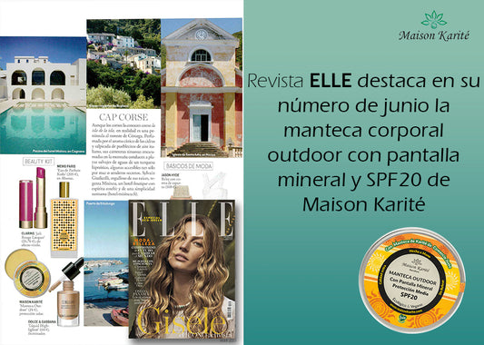 Revista ELLE destaca La Manteca Corporal Outdoor con SPF20 como un básico de Belleza para tu Kit de Verano!